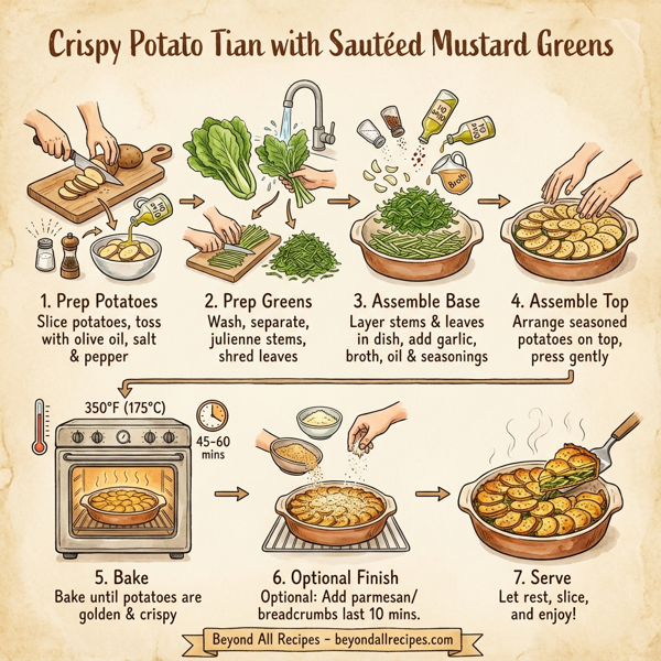 Crispy Potato Tian with Sautéed Mustard Greens instructions