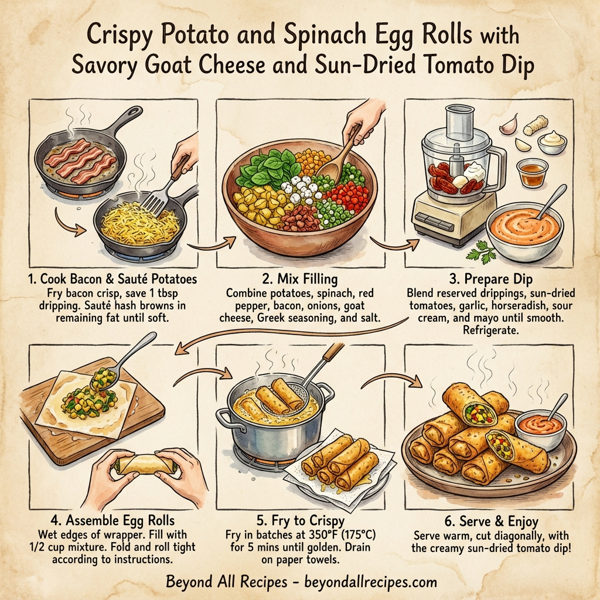 Crispy Potato and Spinach Egg Rolls with Savory Goat Cheese and Sun-Dried Tomato Dip instructions