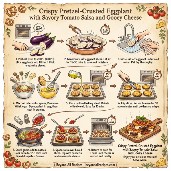 Crispy Pretzel-Crusted Eggplant with Savory Tomato Salsa and Gooey Cheese instructions