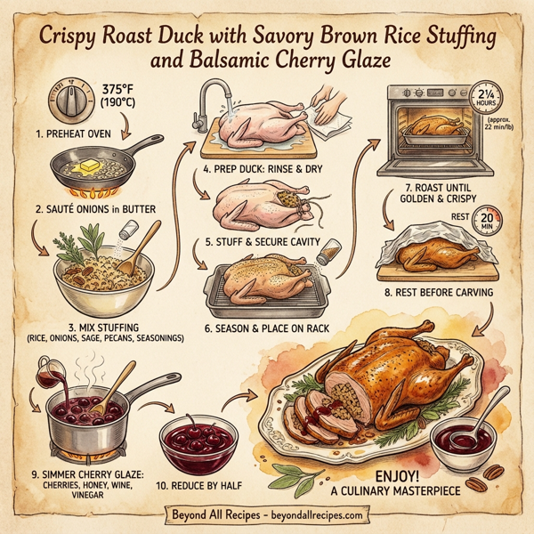 Crispy Roast Duck with Savory Brown Rice Stuffing and Balsamic Cherry Glaze instructions