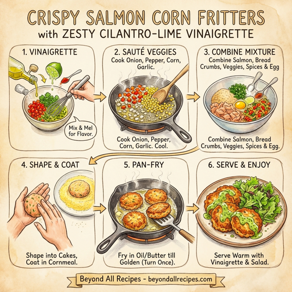 Crispy Salmon Corn Fritters with Zesty Cilantro-Lime Vinaigrette instructions