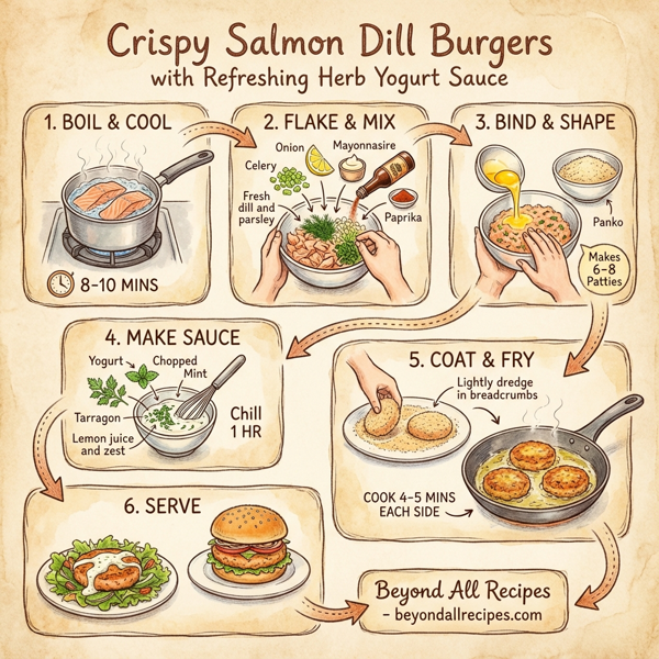 Crispy Salmon Dill Burgers with Refreshing Herb Yogurt Sauce instructions
