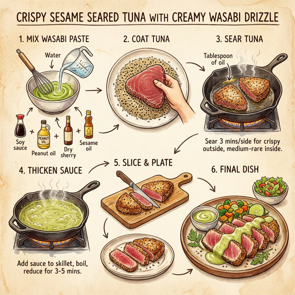 Crispy Sesame Seared Tuna with Creamy Wasabi Drizzle instructions