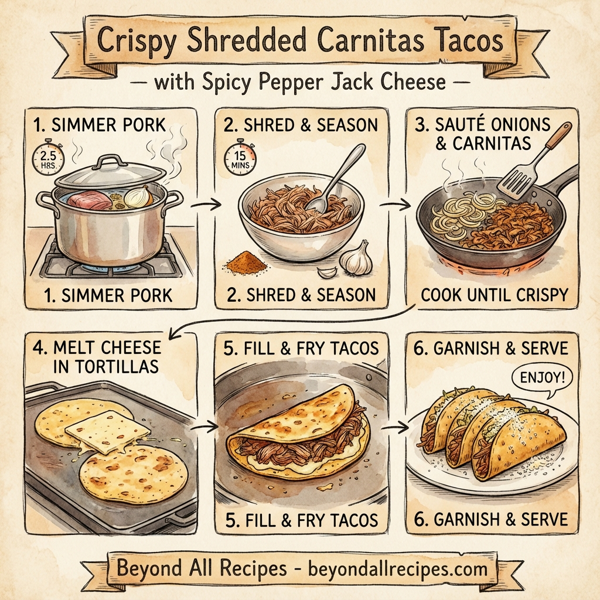 Crispy Shredded Carnitas Tacos with Spicy Pepper Jack Cheese instructions