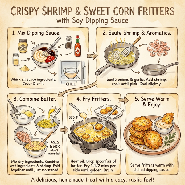 Crispy Shrimp and Sweet Corn Fritters with Soy Dipping Sauce instructions