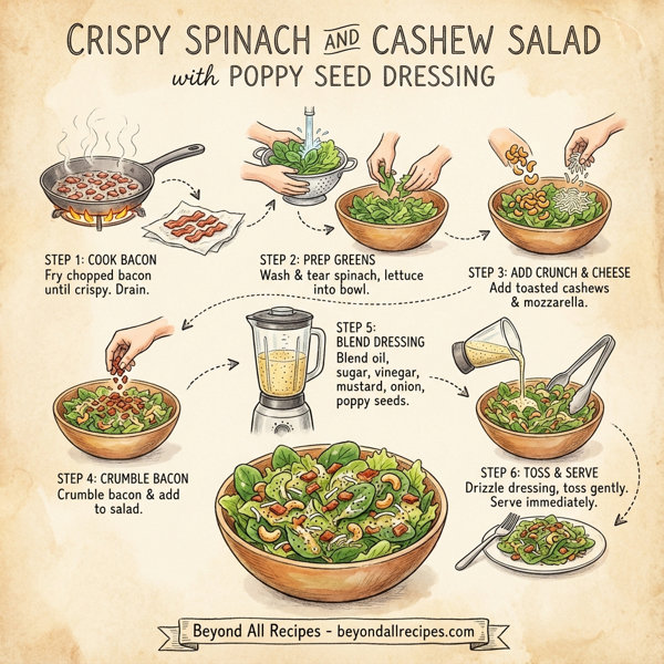 Crispy Spinach and Cashew Salad with Poppy Seed Dressing instructions