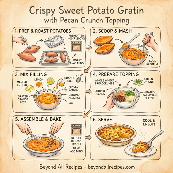 Crispy Sweet Potato Gratin with Pecan Crunch Topping instructions