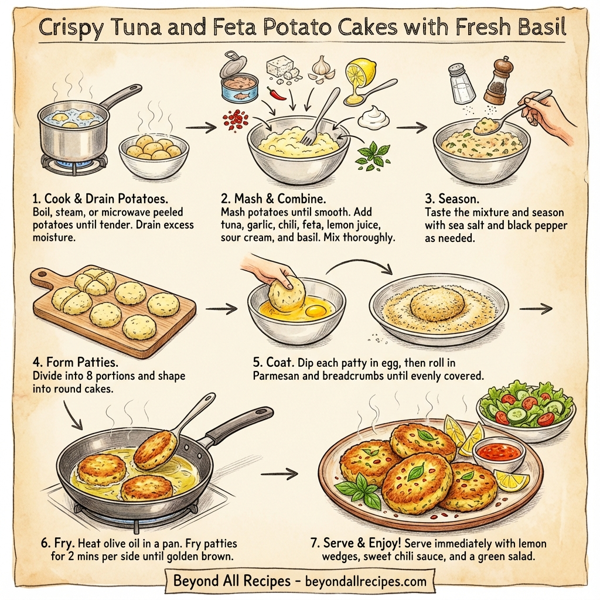 Crispy Tuna and Feta Potato Cakes with Fresh Basil instructions