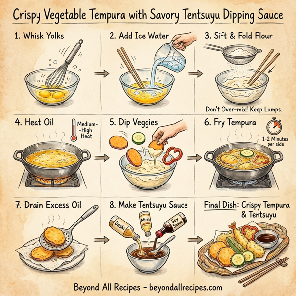 Crispy Vegetable Tempura with Savory Tentsuyu Dipping Sauce instructions