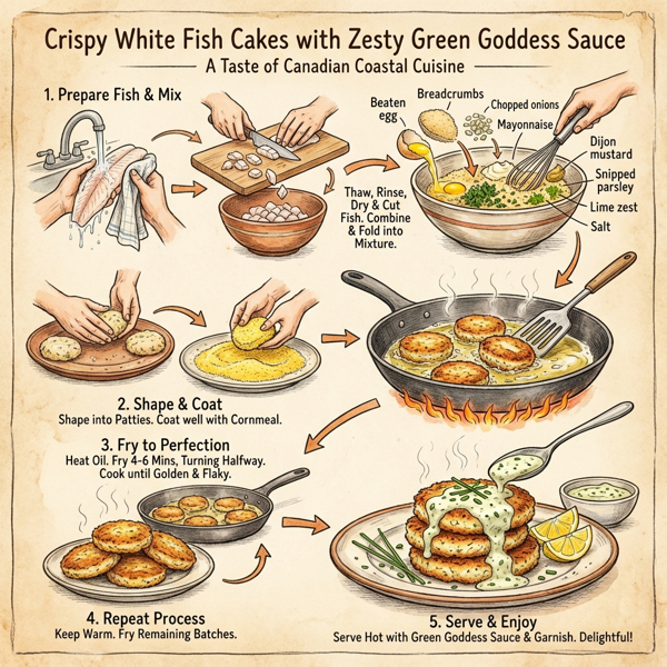 Crispy White Fish Cakes with Zesty Green Goddess Sauce instructions