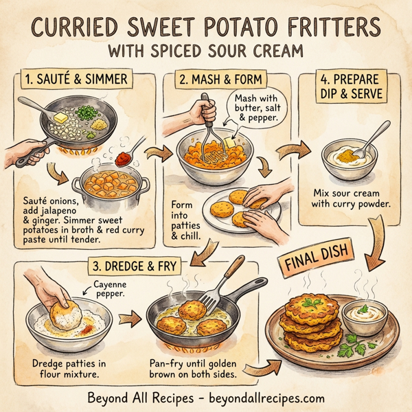 Curried Sweet Potato Fritters with Spiced Sour Cream instructions