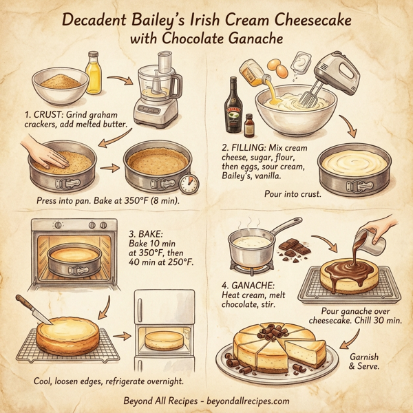 Decadent Bailey's Irish Cream Cheesecake with Chocolate Ganache instructions