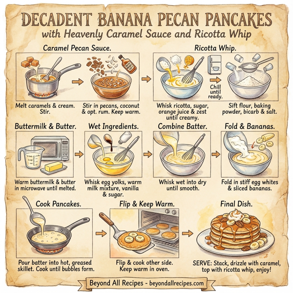 Decadent Banana Pecan Pancakes with Heavenly Caramel Sauce and Ricotta Whip instructions