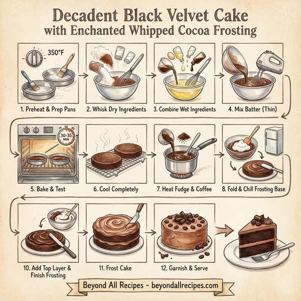 Decadent Black Velvet Cake with Enchanted Whipped Cocoa Frosting instructions
