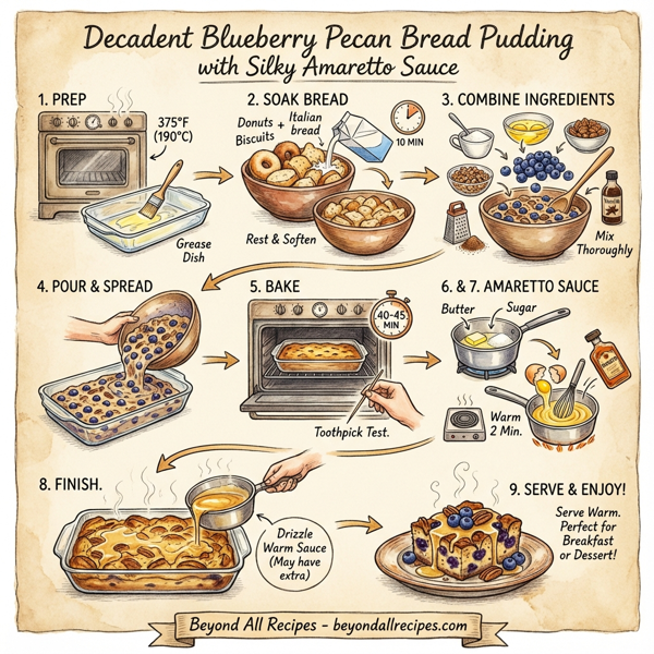 Decadent Blueberry Pecan Bread Pudding with Silky Amaretto Sauce instructions