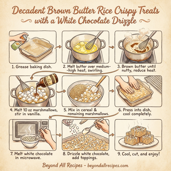 Decadent Brown Butter Rice Crispy Treats with a White Chocolate Drizzle instructions