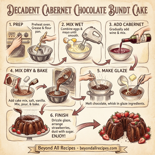 Decadent Cabernet Chocolate Bundt Cake with Fresh Strawberries instructions