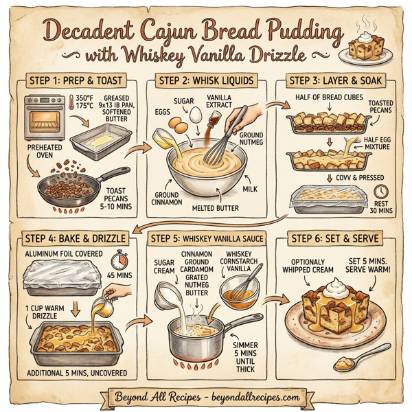 Decadent Cajun Bread Pudding with Whiskey Vanilla Drizzle instructions