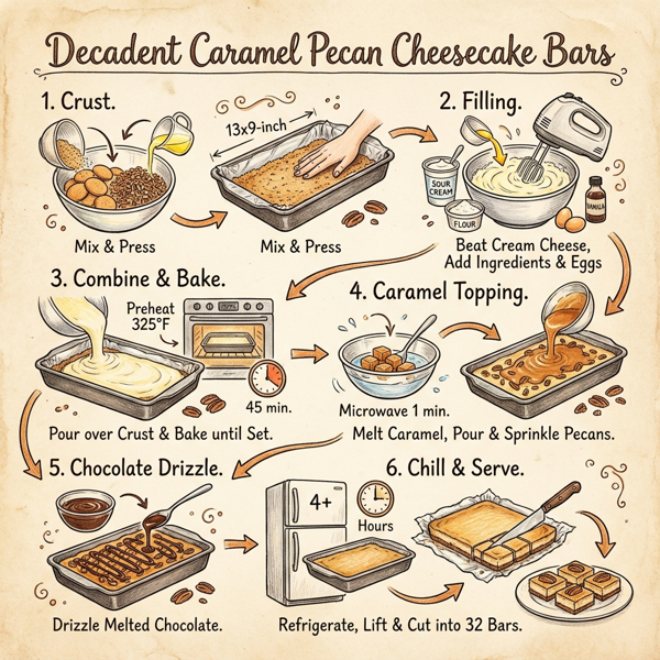 Decadent Caramel Pecan Cheesecake Bars instructions