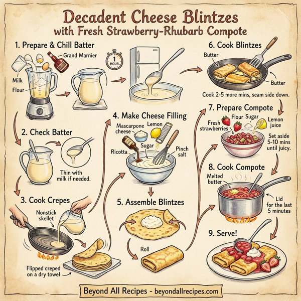 Decadent Cheese Blintzes with Fresh Strawberry-Rhubarb Compote instructions
