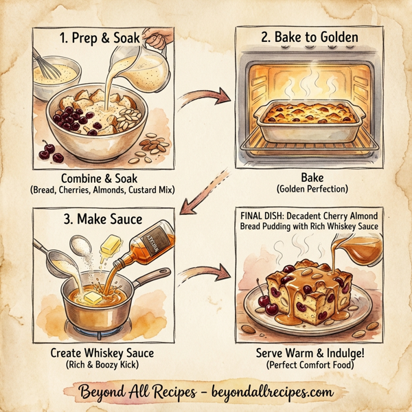 Decadent Cherry Almond Bread Pudding with Rich Whiskey Sauce instructions