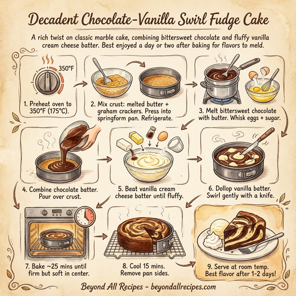 Decadent Chocolate-Vanilla Swirl Fudge Cake instructions