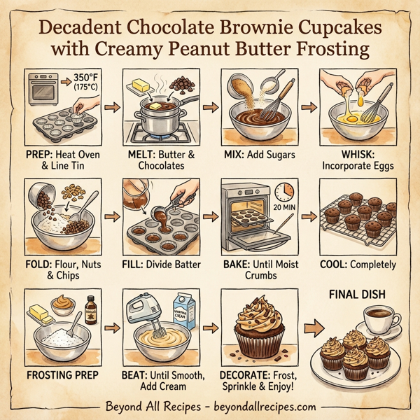 Decadent Chocolate Brownie Cupcakes with Creamy Peanut Butter Frosting instructions