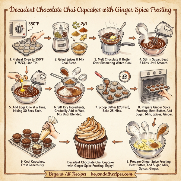 Decadent Chocolate Chai Cupcakes with Ginger Spice Frosting instructions