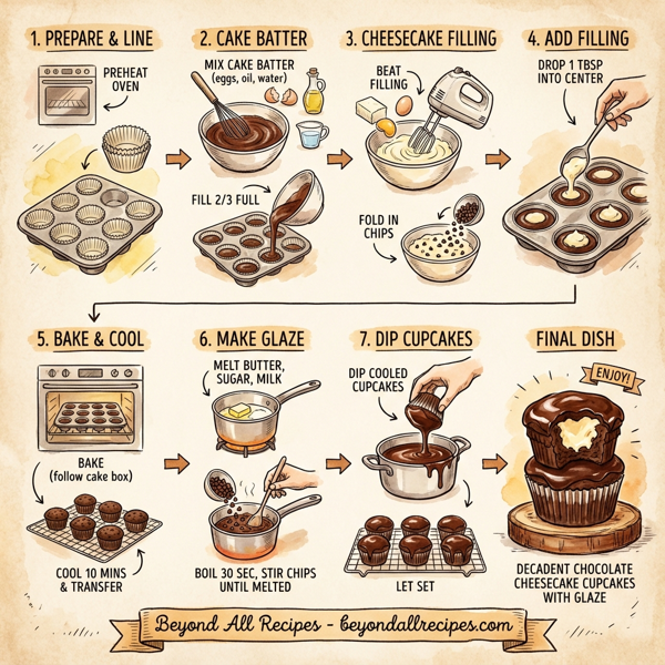 Decadent Chocolate Cheesecake Cupcakes with Glaze instructions