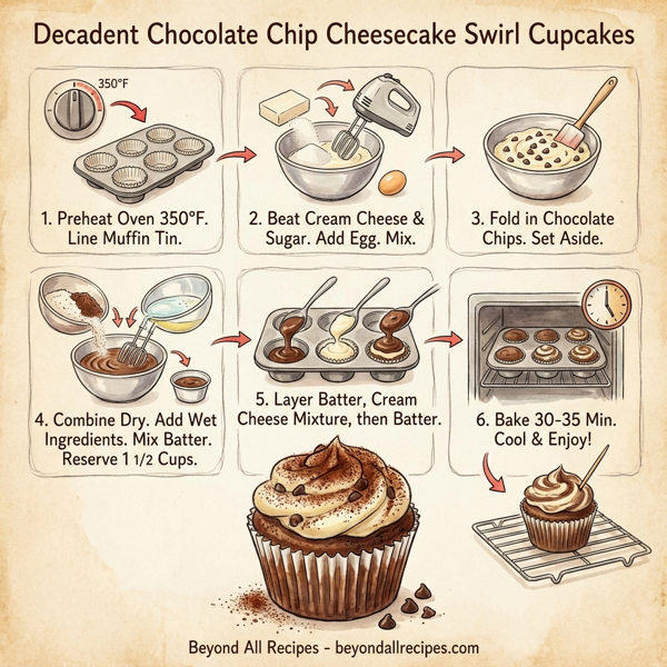 Decadent Chocolate Chip Cheesecake Swirl Cupcakes instructions