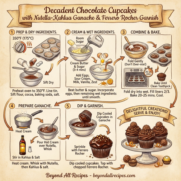 Decadent Chocolate Cupcakes with Nutella-Kahlua Ganache and Ferrero Rocher Garnish instructions