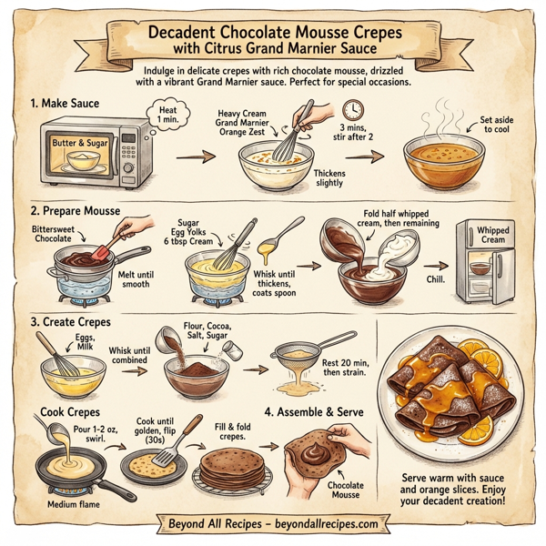 Decadent Chocolate Mousse Crepes with Citrus Grand Marnier Sauce instructions