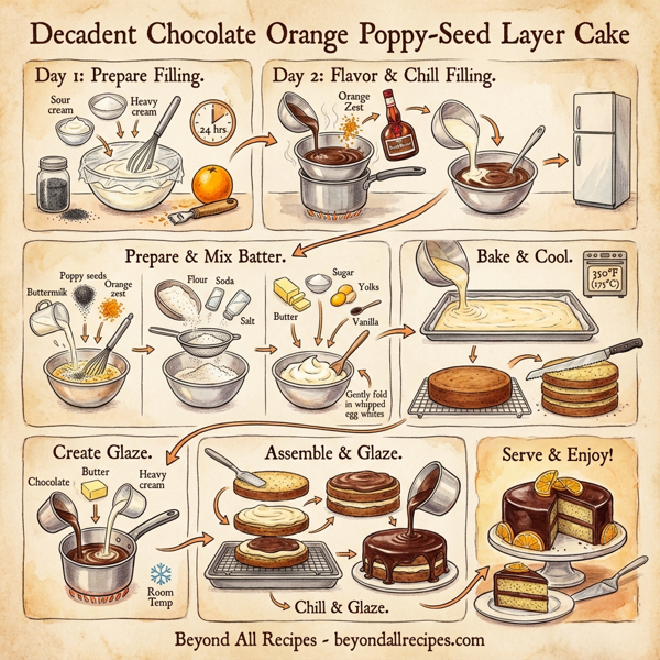 Decadent Chocolate Orange Poppy-Seed Layer Cake instructions