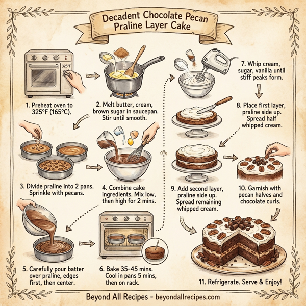 Decadent Chocolate Pecan Praline Layer Cake instructions