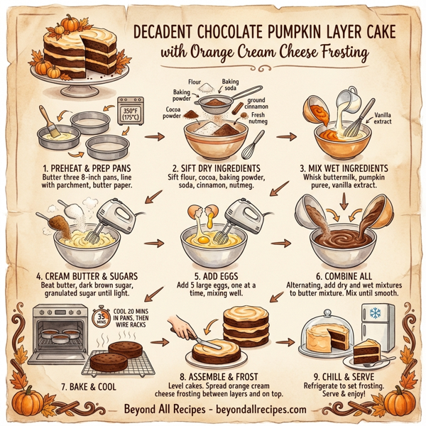 Decadent Chocolate Pumpkin Layer Cake with Orange Cream Cheese Frosting instructions