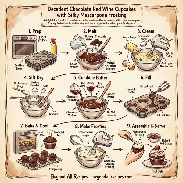 Decadent Chocolate Red Wine Cupcakes with Silky Mascarpone Frosting instructions