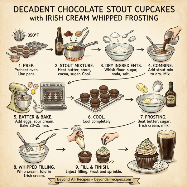 Decadent Chocolate Stout Cupcakes with Irish Cream Whipped Frosting instructions