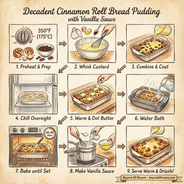 Decadent Cinnamon Roll Bread Pudding with Vanilla Sauce instructions