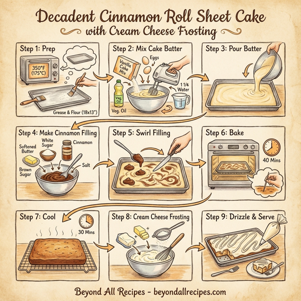 Decadent Cinnamon Roll Sheet Cake with Cream Cheese Frosting instructions