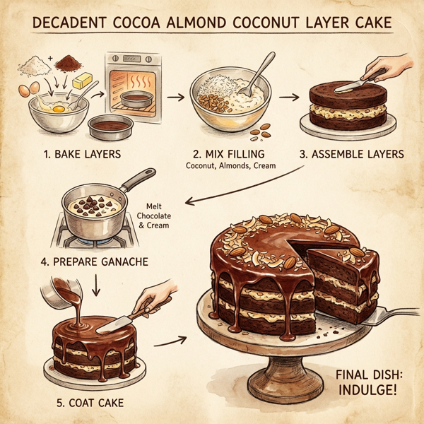 Decadent Cocoa Almond Coconut Layer Cake instructions