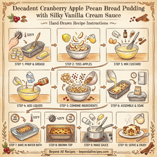 Decadent Cranberry Apple Pecan Bread Pudding with Silky Vanilla Cream Sauce instructions