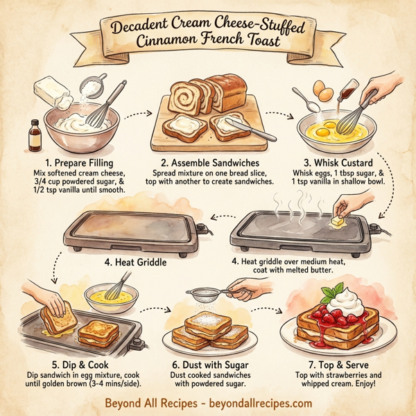 Decadent Cream Cheese-Stuffed Cinnamon French Toast with Strawberry Topping and Whipped Cream instructions