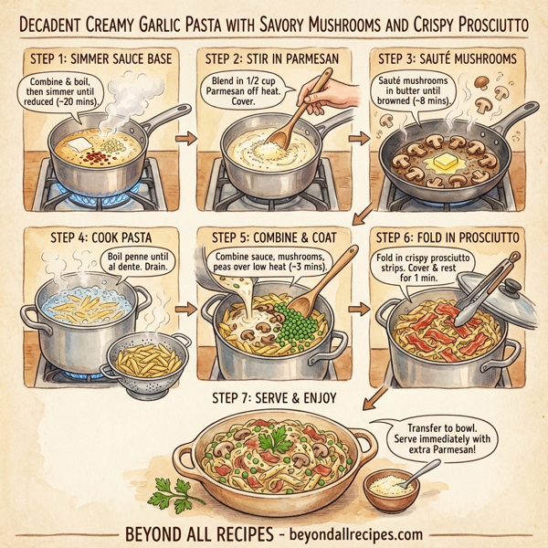 Decadent Creamy Garlic Pasta with Savory Mushrooms and Crispy Prosciutto instructions