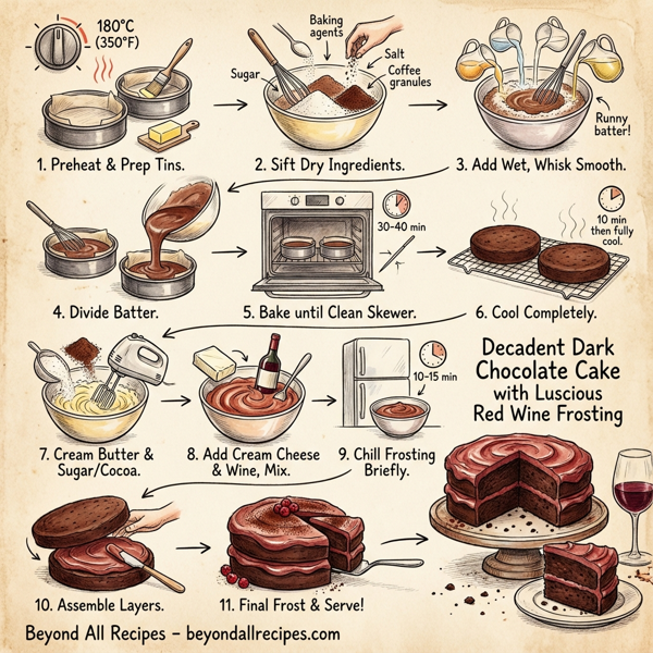 Decadent Dark Chocolate Cake with Luscious Red Wine Frosting instructions