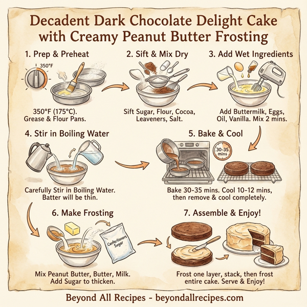 Decadent Dark Chocolate Delight Cake with Creamy Peanut Butter Frosting instructions