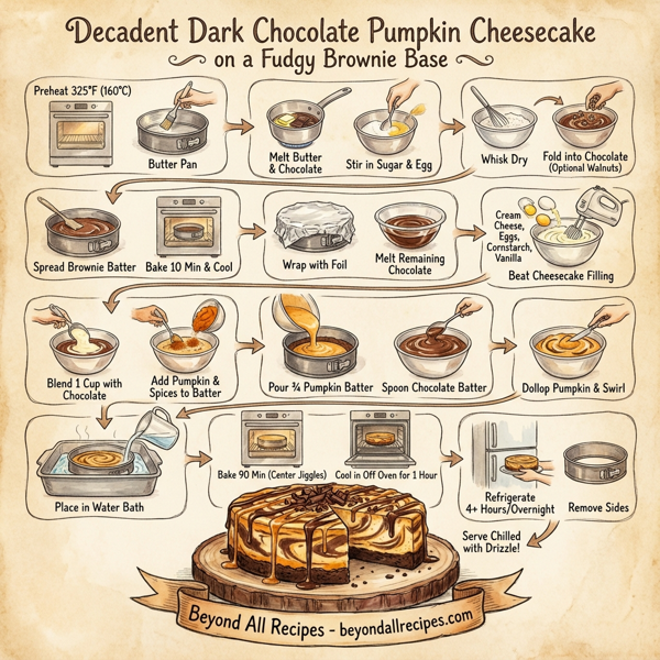 Decadent Dark Chocolate Pumpkin Cheesecake on a Fudgy Brownie Base instructions