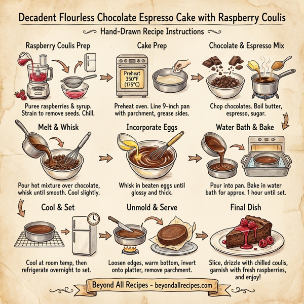 Decadent Flourless Chocolate Espresso Cake with Raspberry Coulis instructions