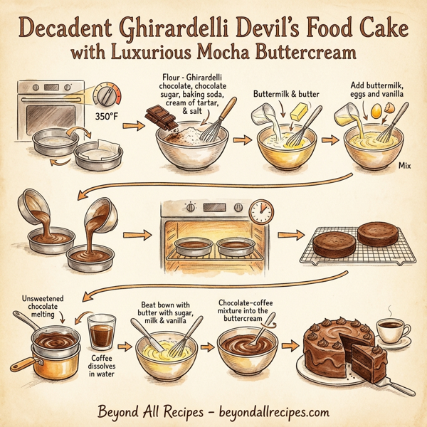 Decadent Ghirardelli Devil's Food Cake with Luxurious Mocha Buttercream instructions
