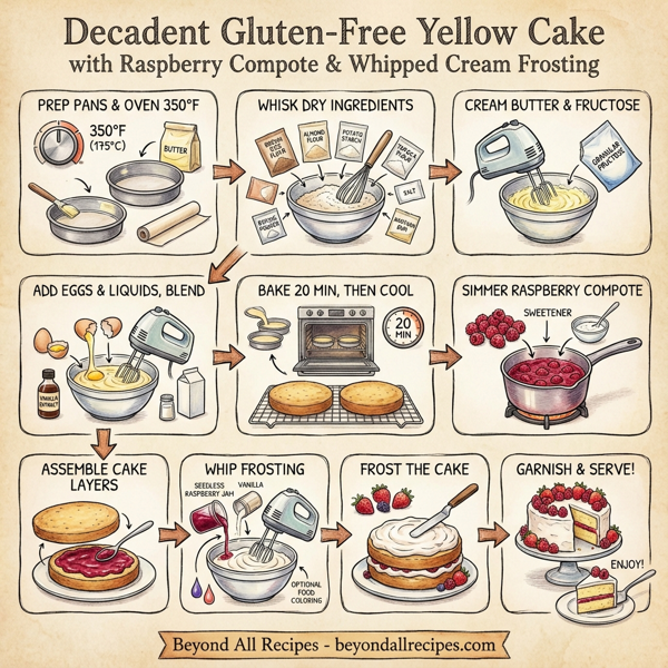 Decadent Gluten-Free Yellow Cake with Raspberry Compote & Whipped Cream Frosting instructions