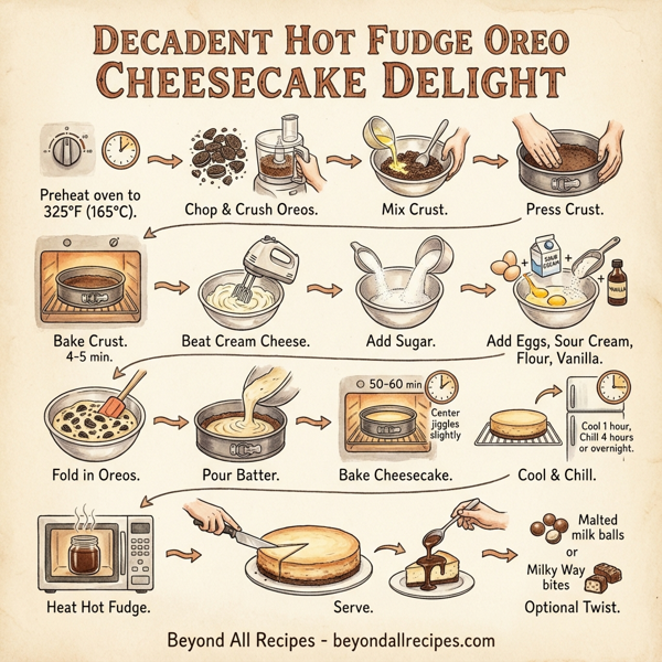 Decadent Hot Fudge Oreo Cheesecake Delight instructions
